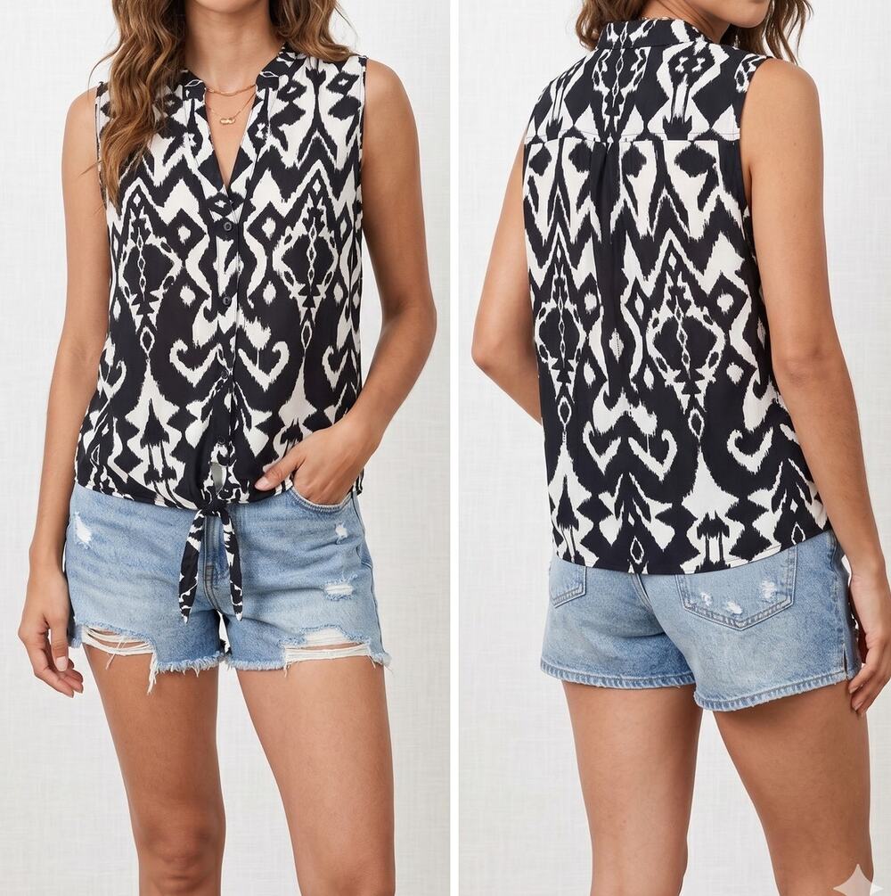 INC International Concepts Womens Size 12 White Black Print Tie Waist Top
